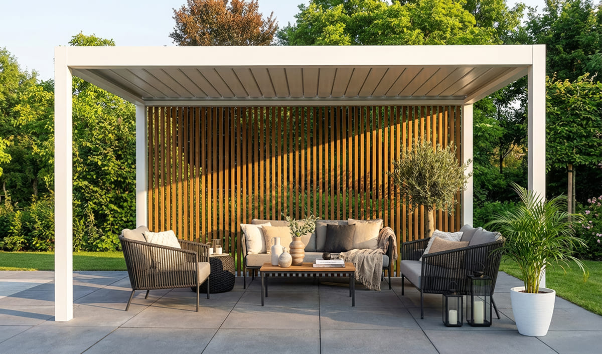 Pergola bioclimatica bianca con parete di pilastri verticali in legno decorativi, arredata con divani da giardino moderni