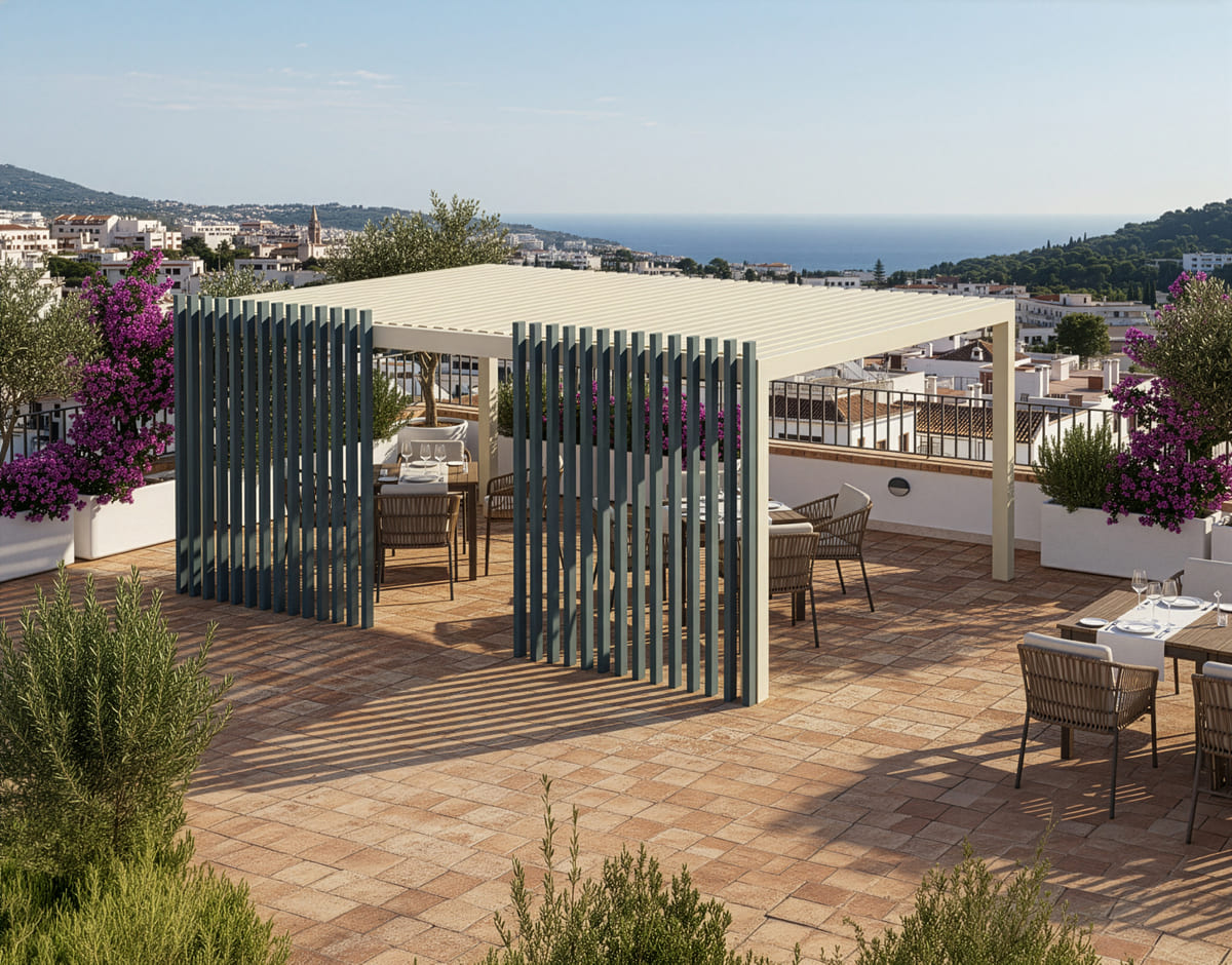 Pergola bioclimatica autoportante con lamelle orientabili e pilastro decorativo verticale in un contesto outdoor con tavoli da pranzo