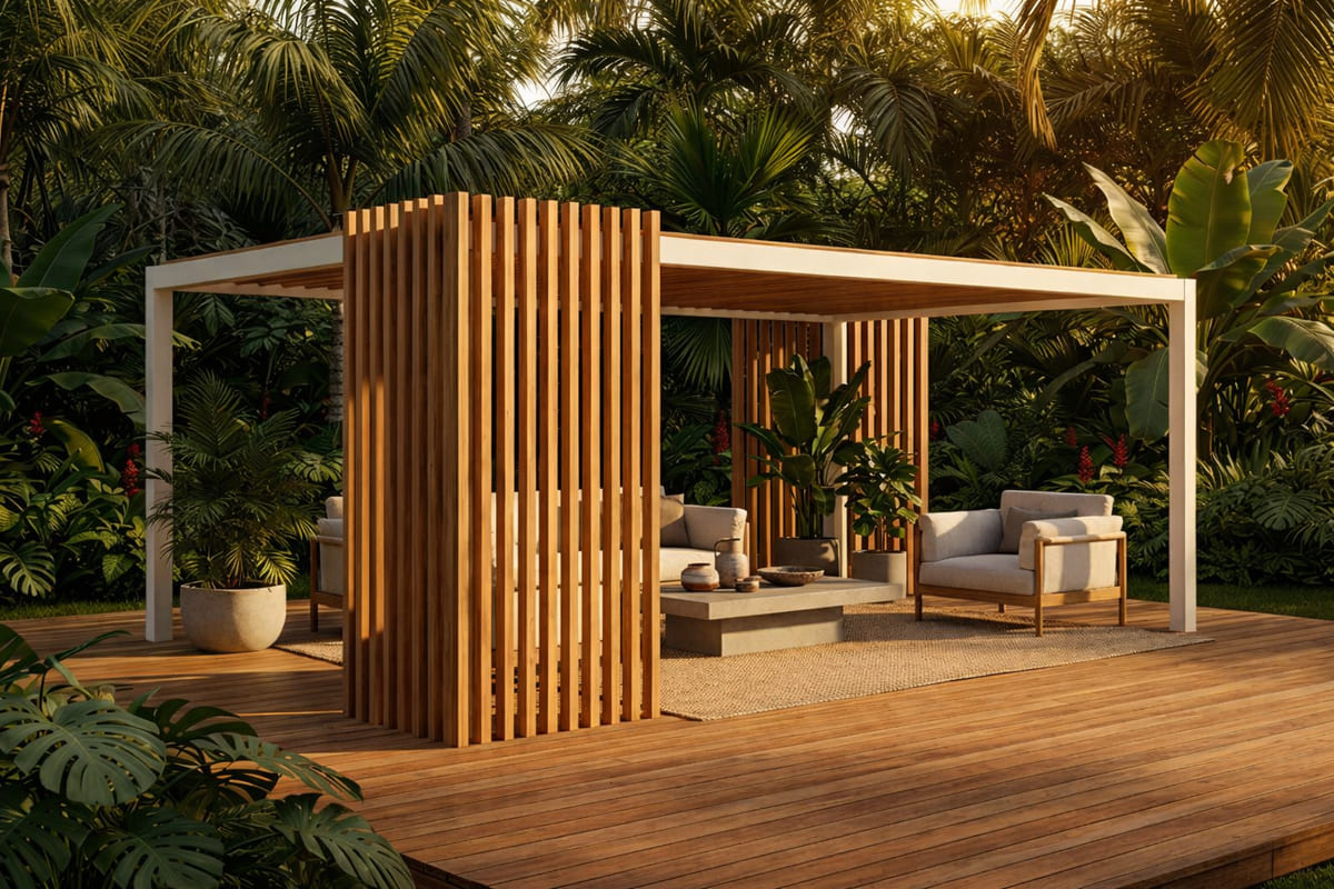 Pergola bioclimatica con struttura bianca e pilastri verticali decorativi in legno, inserita in un giardino con piante tropicali