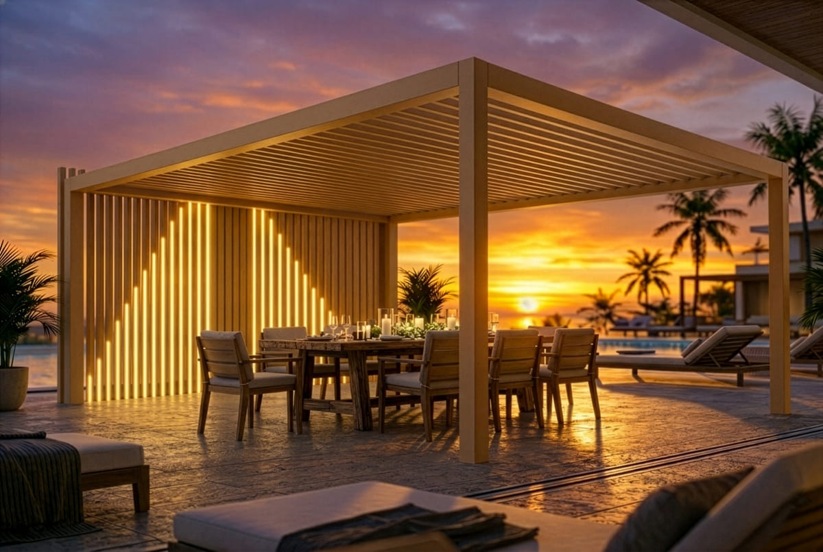 Pergola bioclimatica di design con illuminazione a LED integrata nei pilastri verticali e tavolo da pranzo allestito per la sera