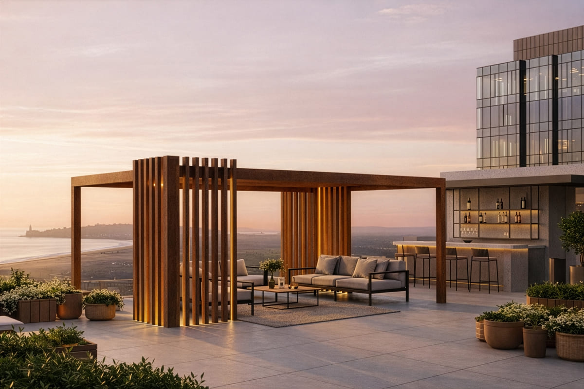 Pergola bioclimatica con lame orientabili e pilastri decorativi verticali su un terrazzo moderno con vista mare al tramonto