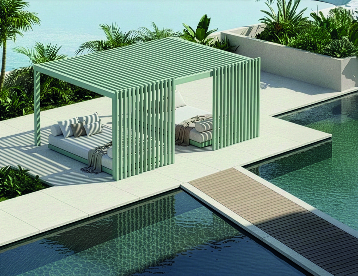 Pergola bioclimatica orientabile di colore verde salvia installata a bordo piscina con lettini prendisole